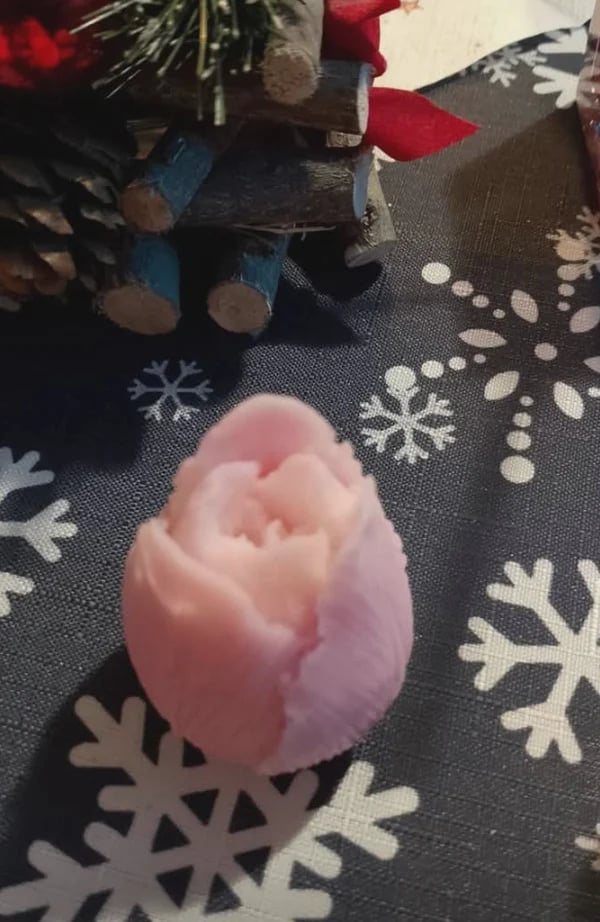 Pink peony flower resting on dark fabric with white snowflake pattern, holiday decorations blurred in background
